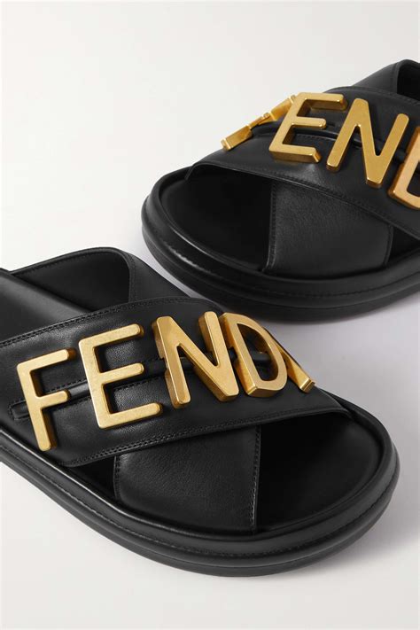 fendi logo-flocked leather slides dupes|fendi logo embroidery slide.